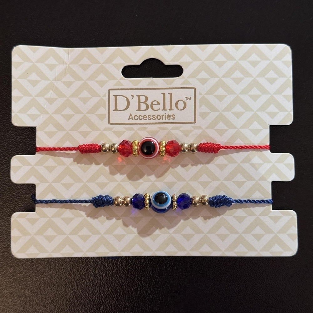 D'Bello Beaded Evil Eye Bracelet Set Of 2 Red Blue Cord Adjustable Tie Teens NEW